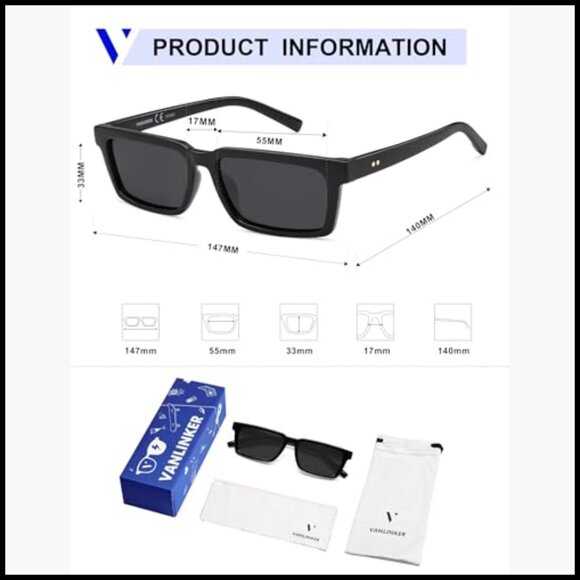 Retro Rectangular Polarized Sunglasses Plastic Frame Grey Lenses main image 5